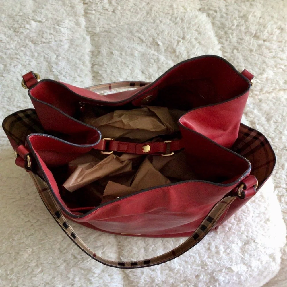 Burberry Calfskin Haymarket Check Small Canterbury Tote Red - Picture 8 of 15